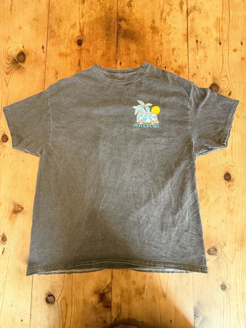 Outer Banks Stonewash Gray Surf Van Graphic T-Shirt Puff Lettering Size Large